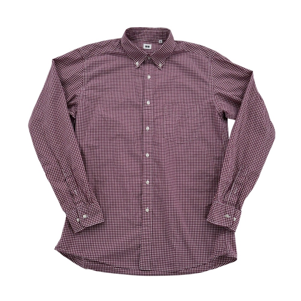 Mens Uniqlo Gingham Button Down Shirt Maroon Red White Long Sleeve Large